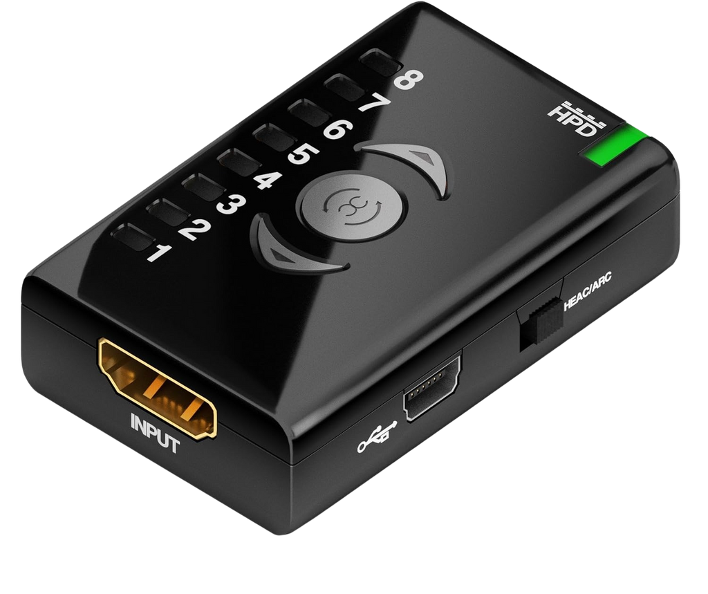 Πλευρά εισόδου του Dr HDMI με είσοδο HDMI, θύρα Mini-USB και διακόπτη HEAC/ARC