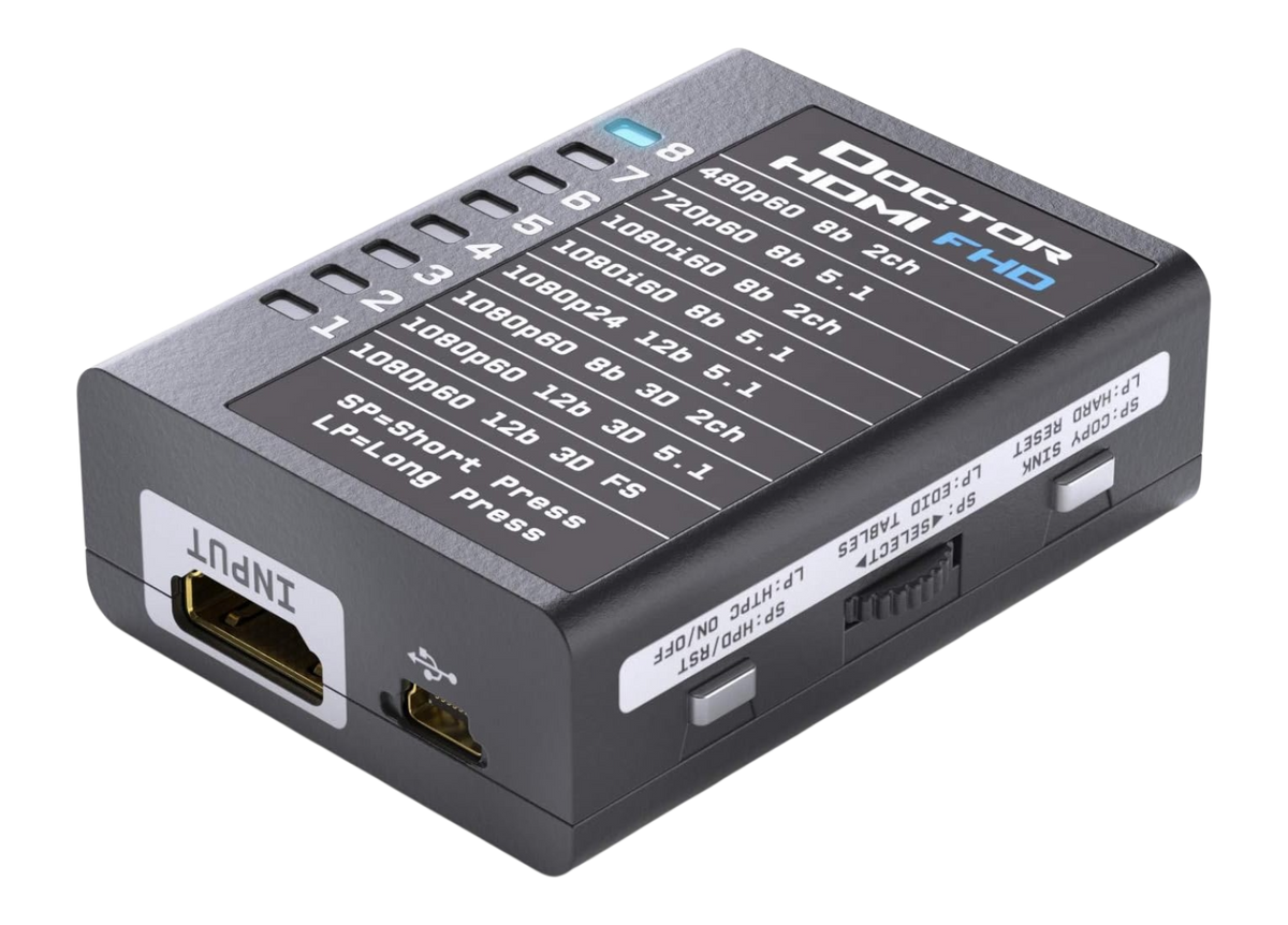 Πλευρά εξόδου του Dr HDMI 4K, με την έξοδο HDMI, το βύσμα RS232 και τα κουμπιά copy sink και HPD