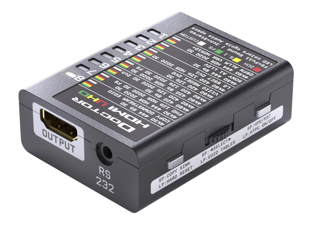 Το Dr HDMI 4K από την πλευρά της εξόδου, με τον πίνακα τραπεζών EDID UHD τυπωμένο στο καπάκι