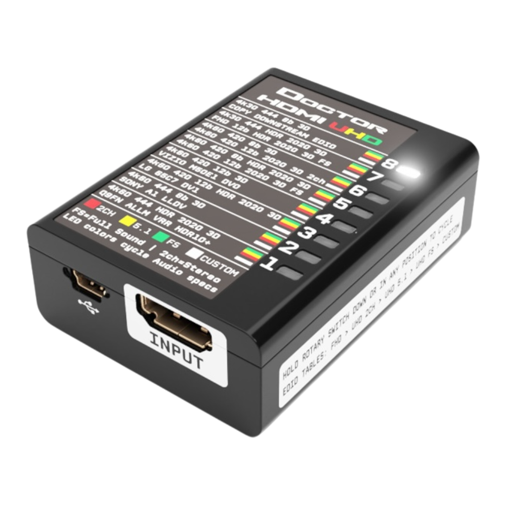 Πλευρά εισόδου του Dr HDMI 4K, με την είσοδο HDMI, τη θύρα mini USB και τον πίνακα EDID UHD επάνω