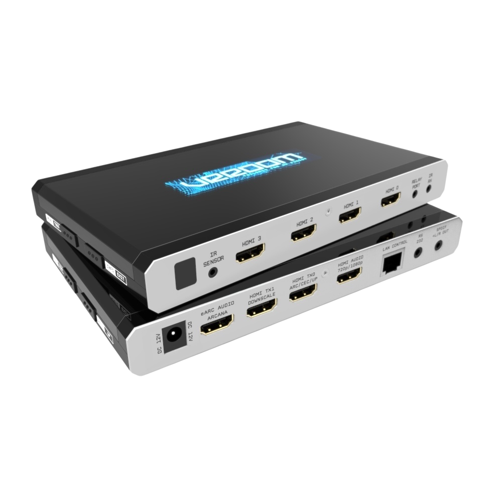 HDfury VRROOM – 8K HDMI 2.1 matrix, scaler και eARC audio extractor, μπροστινή όψη με οθόνη OLED