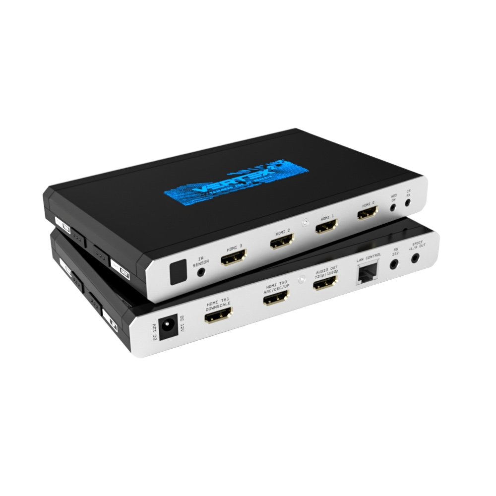 Το HDfury Vertex 2, matrix HDMI 4x2, σε δύο όψεις τη μία πάνω από την άλλη: οι τέσσερις είσοδοι HDMI επάνω και από κάτω οι έξοδοι scaler TX0 και TX1, η έξοδος του εξαγωγέα ήχου, LAN, RS232 και S/PDIF