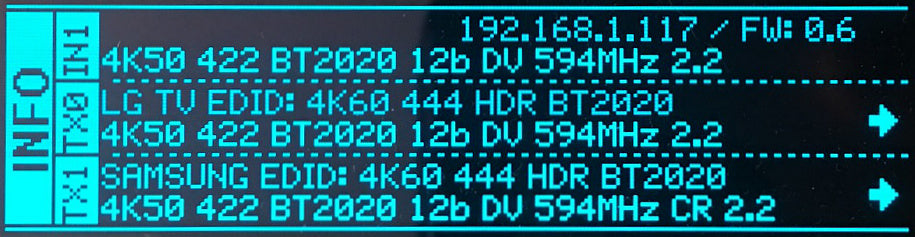 Οθόνη πληροφοριών OLED του HDfury Vertex 2 με τη διεύθυνση IP 192.168.1.117, firmware 0.6, το εισερχόμενο σήμα 4K50 4:2:2 12-bit Dolby Vision και ό,τι στέλνει ο scaler στις οθόνες LG και Samsung μέσω TX0 και TX1