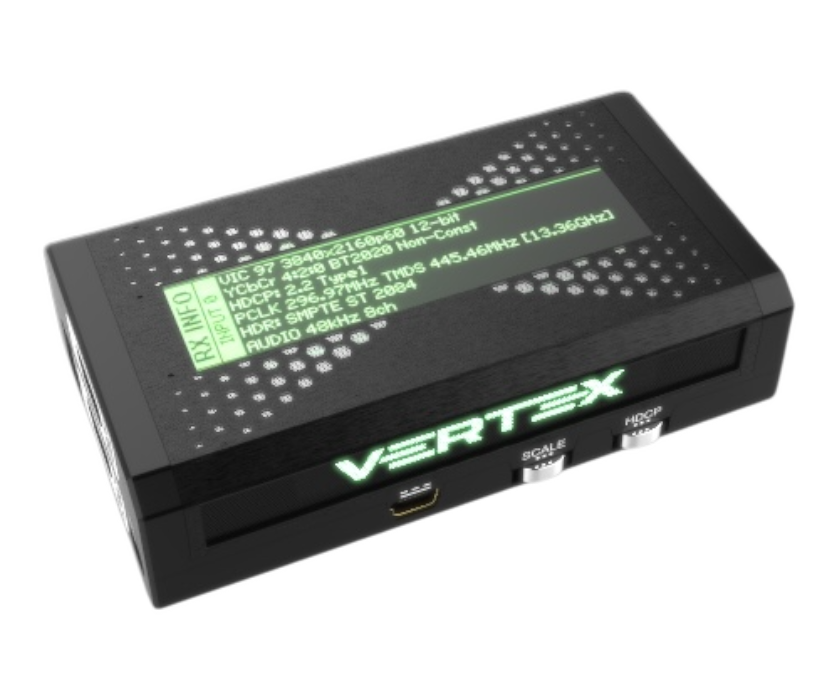 RX INFO του HDfury Vertex στην OLED: 3840x2160p60 12-bit, YCbCr 4:2:0 BT2020, HDCP 2.2, HDR SMPTE ST 2084, ήχος 8 καναλιών