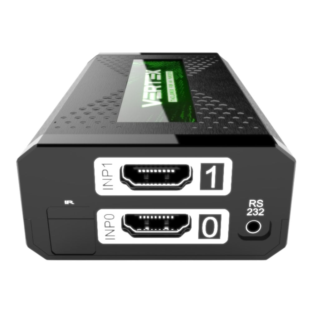 Πλευρά εισόδων του HDfury Vertex: είσοδοι HDMI INP0 και INP1, δέκτης IR και θύρα RS232