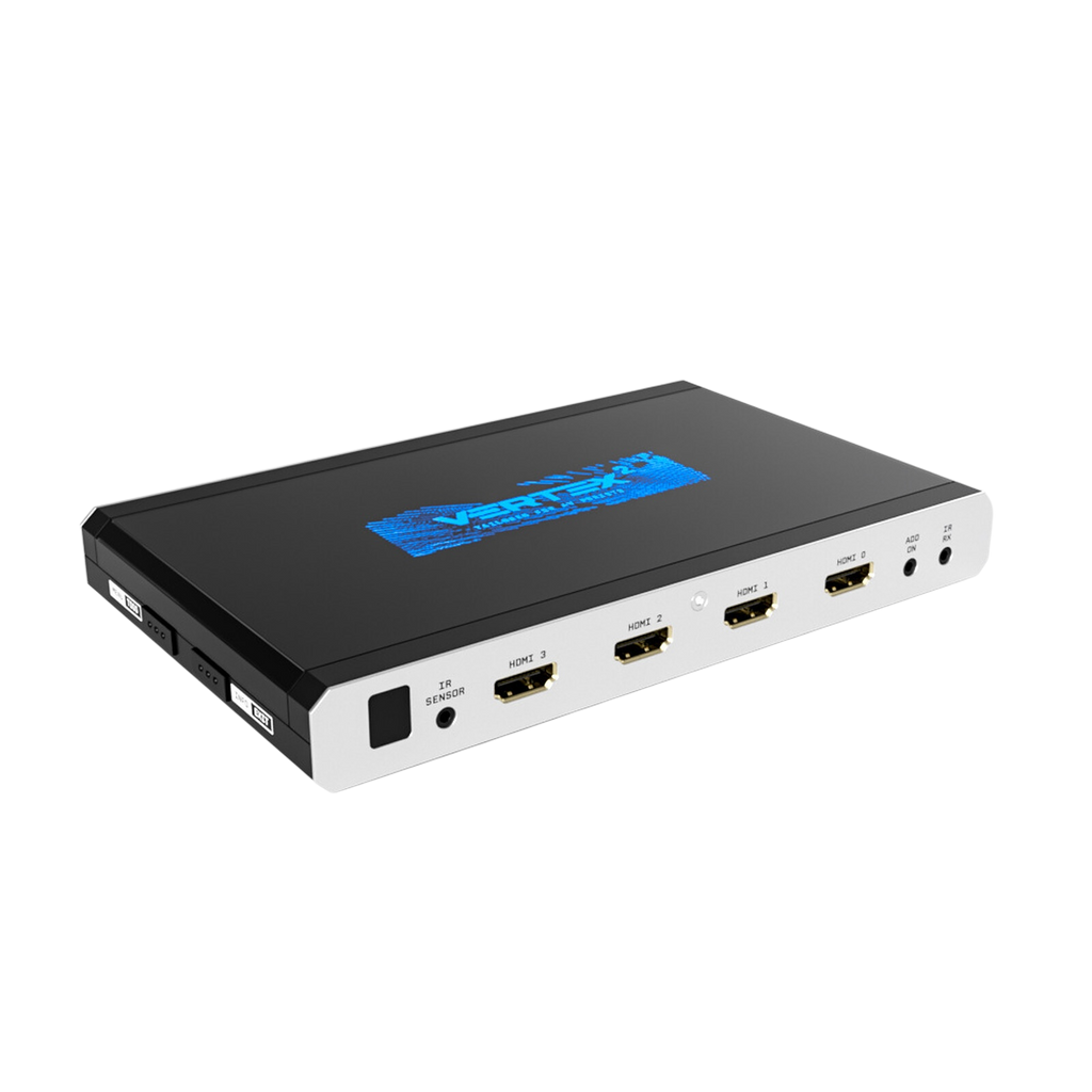 Το HDfury Vertex 2, matrix, splitter και scaler HDMI 4x2, σε λευκό φόντο, με τις τέσσερις εισόδους HDMI 18Gbps και το μπλε λογότυπο Vertex 2 στο καπάκι