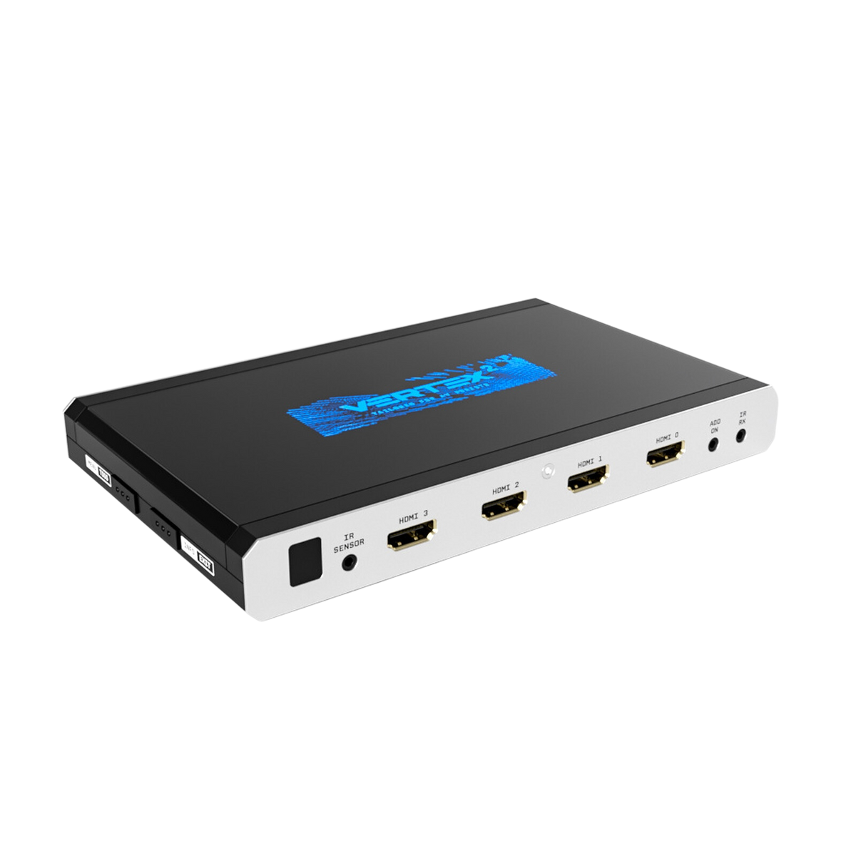 Το HDfury Vertex 2, matrix, splitter και scaler HDMI 4x2, σε λευκό φόντο, με τις τέσσερις εισόδους HDMI 18Gbps και το μπλε λογότυπο Vertex 2 στο καπάκι