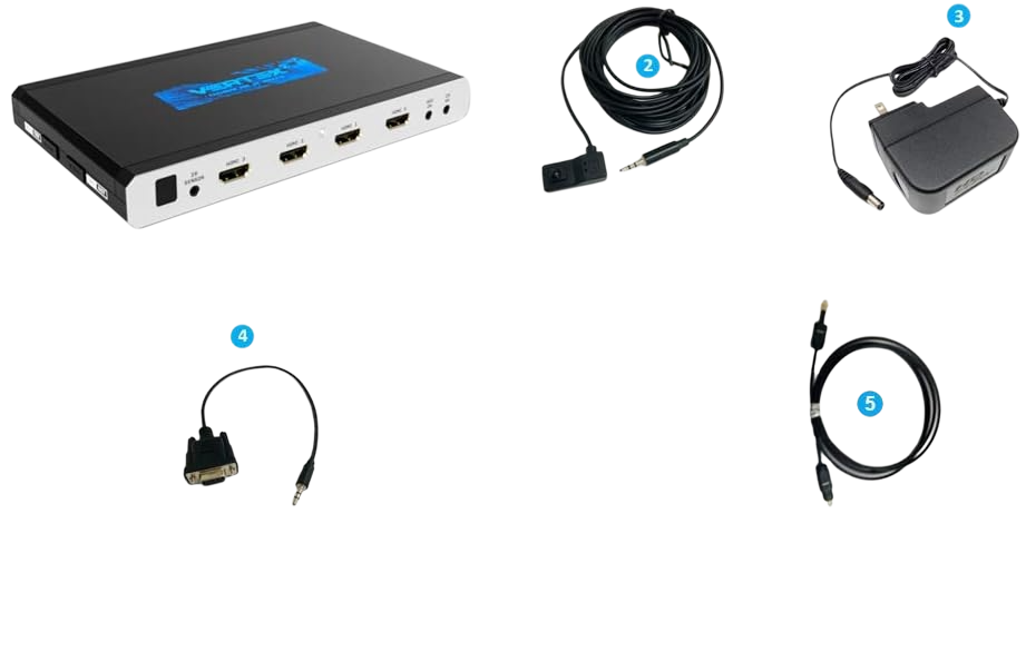 Τι περιλαμβάνει η συσκευασία του HDfury Vertex 2: η μονάδα, καλώδιο δέκτη IR, τροφοδοτικό 12V, καλώδιο RS232 και οπτικό καλώδιο