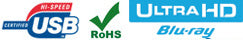 Λογότυπα USB Certified Hi-Speed, RoHS και Ultra HD Blu-ray