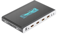 Το HDfury Vertex 2, matrix και switcher HDMI, από ψηλά υπό γωνία, πλευρά εισόδων: αισθητήρας IR, τέσσερις είσοδοι HDMI με αρίθμηση 0 έως 3, υποδοχές add-on και IR RX
