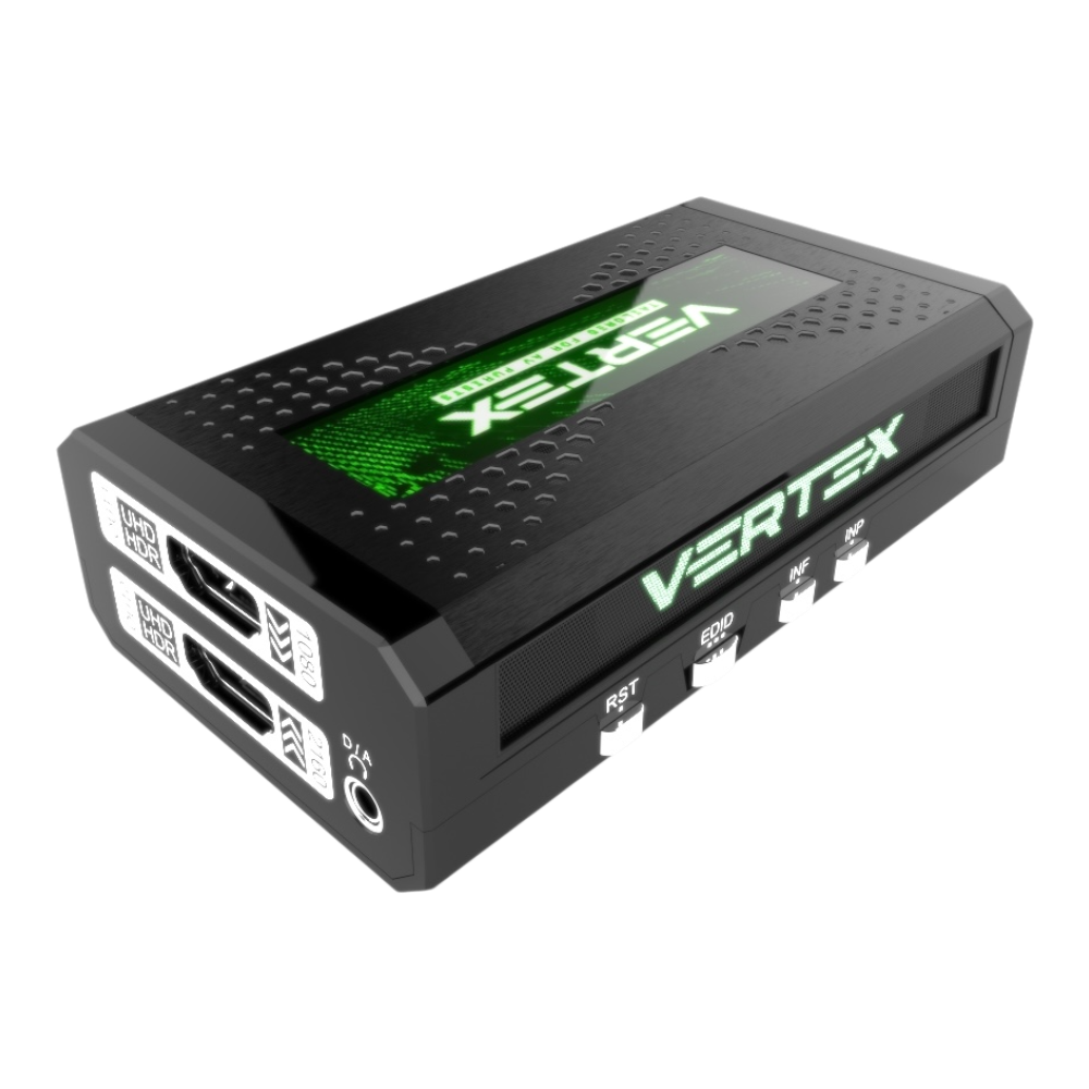HDfury Vertex HDMI 2.0b splitter και scaler: έξοδοι HDMI, υποδοχή ήχου D/A και χειριστήρια RST, EDID, INF και INP