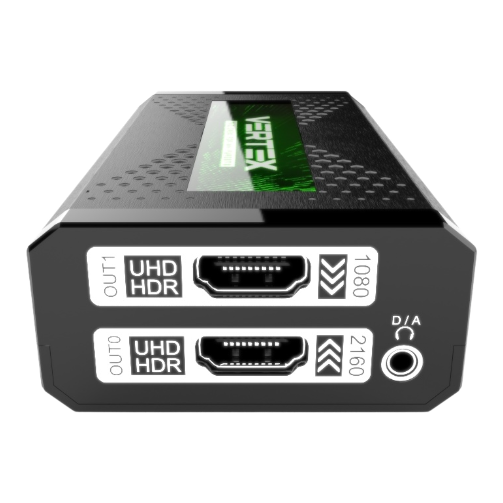 Πλευρά εξόδων HDfury Vertex: OUT1 UHD HDR με downscale σε 1080p, OUT0 UHD HDR με upscale σε 2160p, υποδοχή ήχου D/A