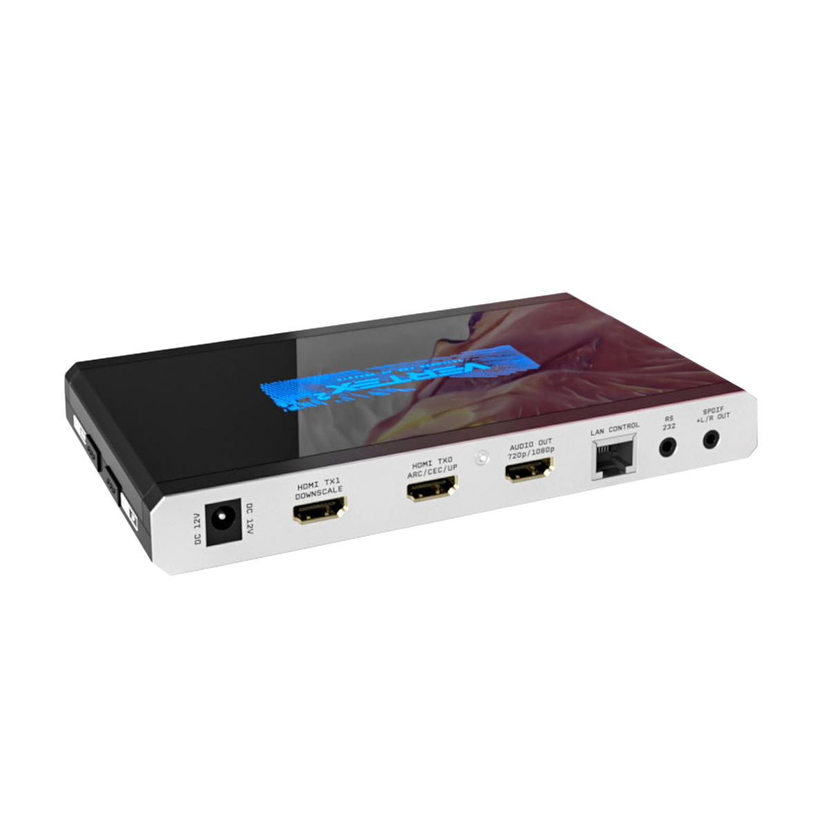 Κοντινό πλάνο των εξόδων του HDfury Vertex 2: 12V DC, HDMI TX1 downscale, HDMI TX0 με ARC, CEC και upscale, η αποκλειστική έξοδος ήχου HDMI του εξαγωγέα, έλεγχος LAN, RS232 και οπτικό S/PDIF