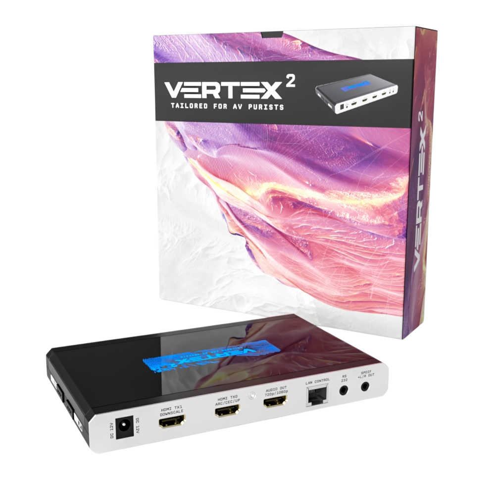 Η συσκευασία λιανικής του HDfury Vertex 2 δίπλα στη μονάδα, με τις εξόδους scaler TX0 και TX1 και την έξοδο ήχου σε κοινή θέα